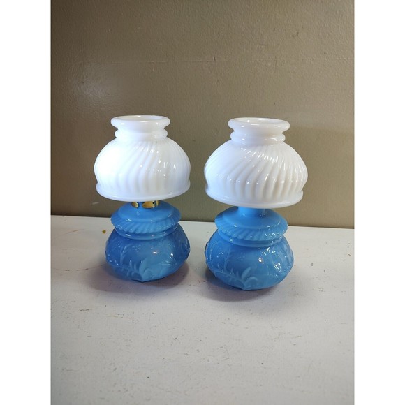 Vintage Avon Courting Lamp Brocade Cologne Blue Milk Glass Decanter Bottles Set - Picture 4 of 14